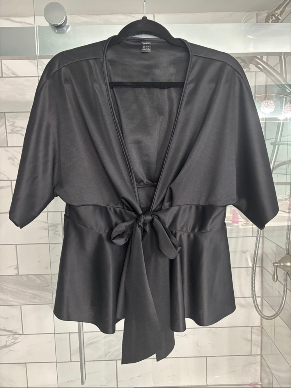 SHEIN Black Satin Tie-Front Short Sleeve Top - Never Worn